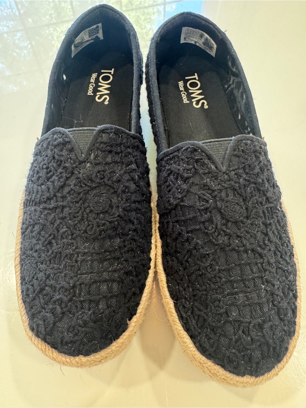 TOMS Black Crochet Espadrille Flats with Jute Trim size 6